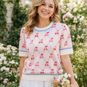 Oddi SZ 1XL Cherry Argyle Patterned Short Sleeve Sweater NWT